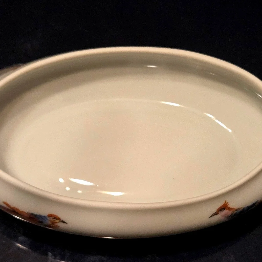 Limoges Trinket Bowl OvalSmall Cream Hand Painted Bird Floral Gold Scroll